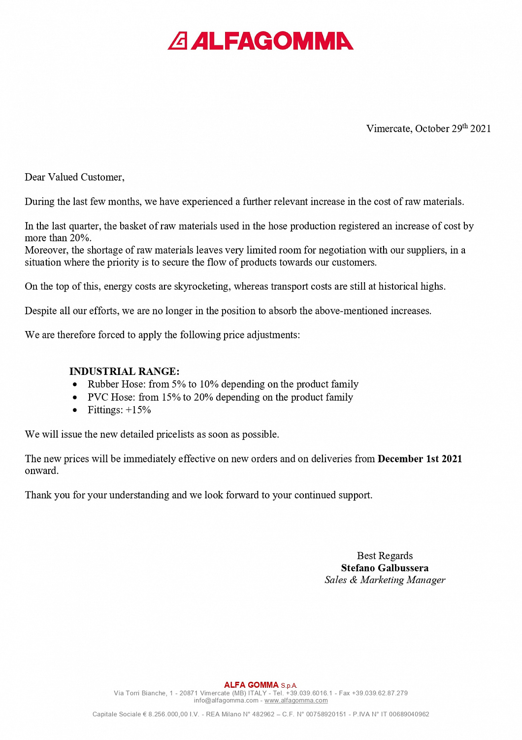 Повышение цен на продукцию Alfagomma