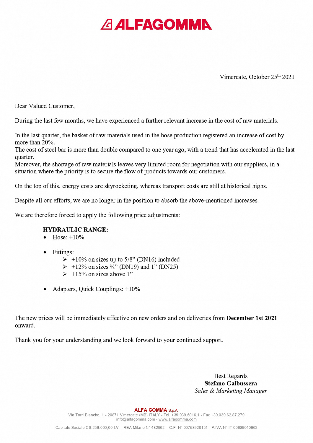 Повышение цен на продукцию Alfagomma